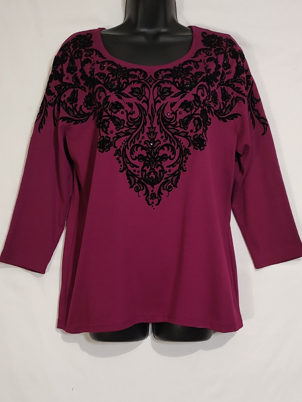 Karen Scott Plum Scoop Neck Top with Black Velvet Floral Design